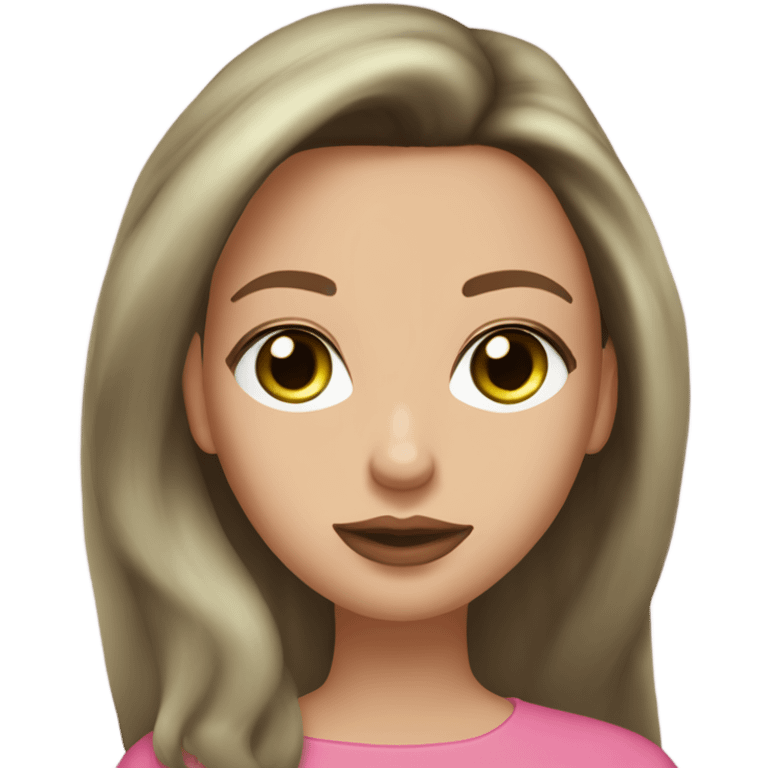 Brunette girl with light brown silk blowout hair, white light skin and light green eyes, her lips are a dark pink color and she as mascara, and gold earrings  emoji