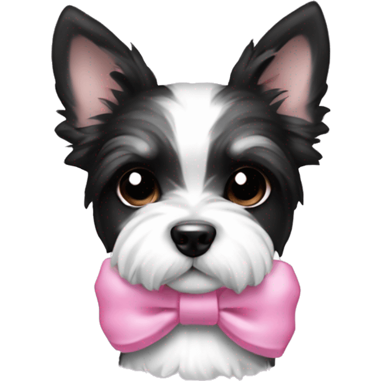 Black and white Biewer Terrier puppy with pink bow emoji