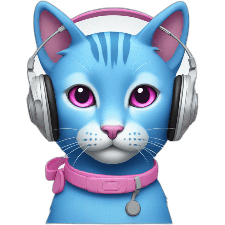 Blue cat with white headphones and pink eyes emoji