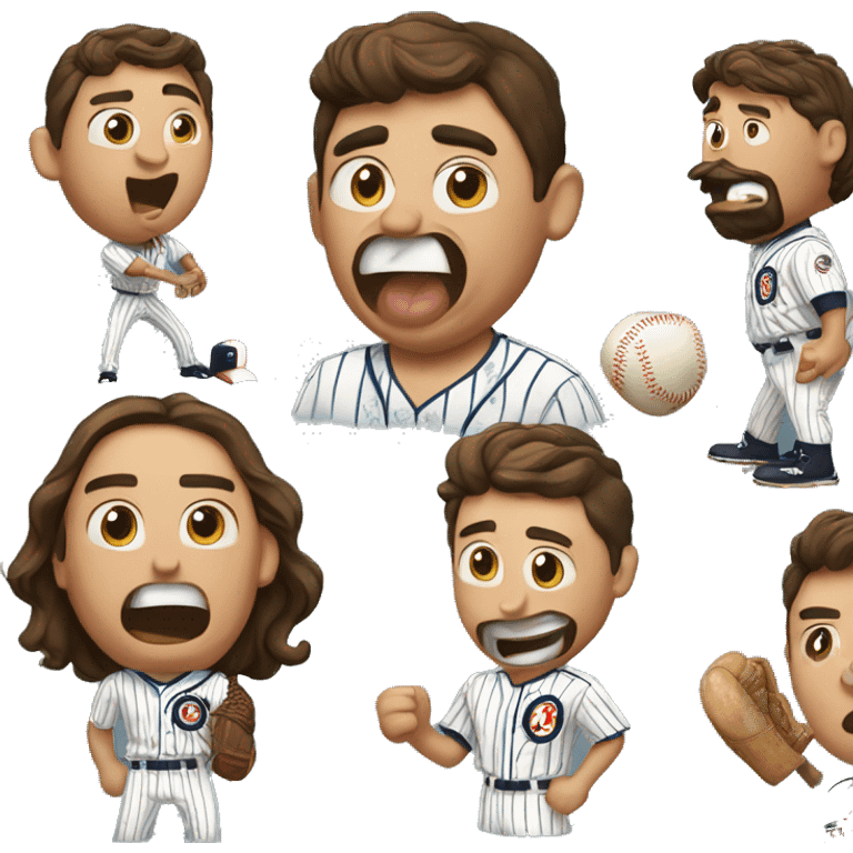 Man with brown hair wearing a hawaiian shirt yells at pinstripe wearing Latino baseball player emoji