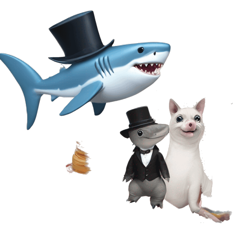 Shark with a top hat grusomly eating a rainbow pride cake at a wedding with horse beaded pigs on a rainbow with meow meow meow meow  emoji