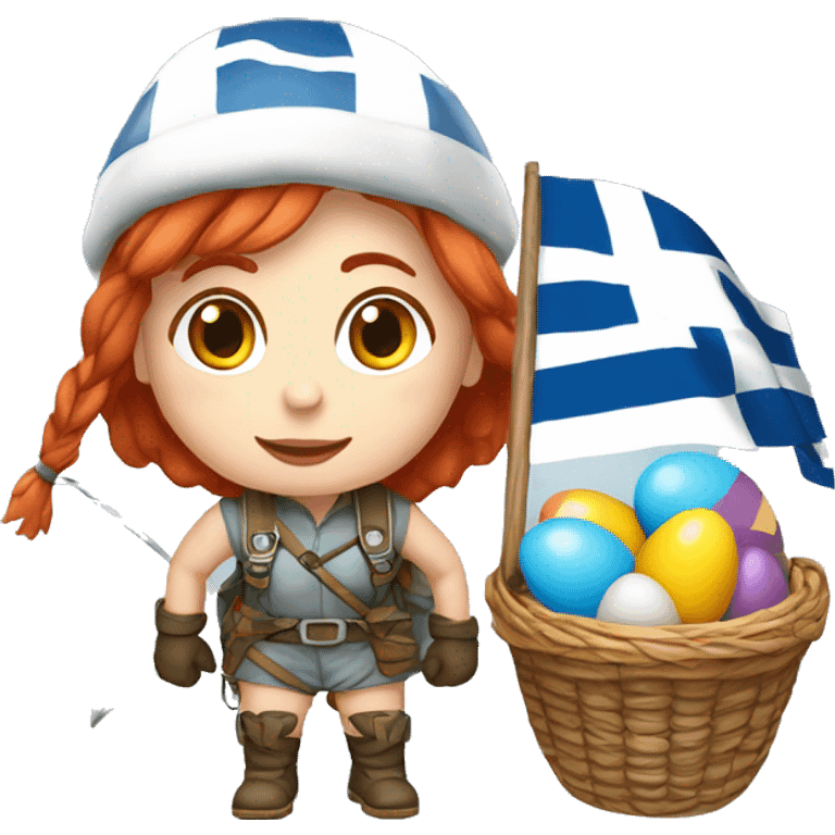 Greek Female winter mountaineer red hair white skin climbing with Greek Flag and Easter eggs basket emoji