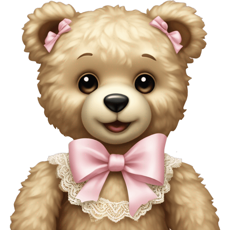 vintage rococo teddy bear with a light pink bow that has lace and frills emoji