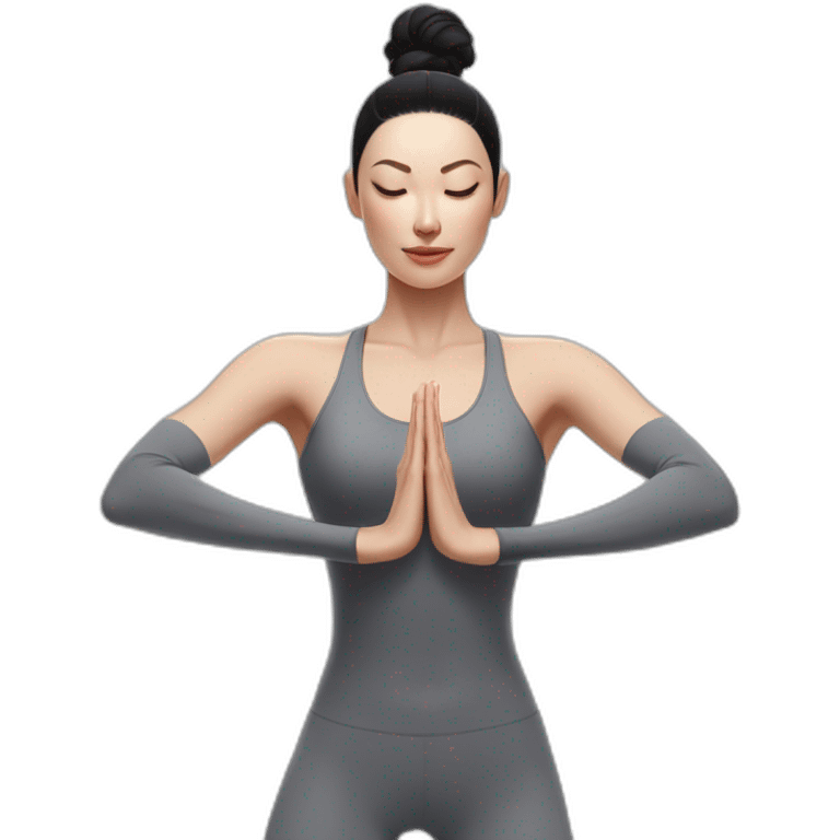 Pale skinned fit woman In a gray tight yoga suit and wristbands With black hair in a bun performs an asana emoji