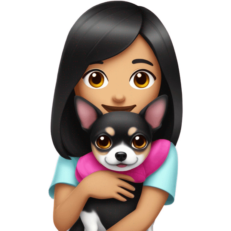 Thick medium black hair with hot pink smile and pink cheek Filipino lady hugging black and white Chihuahua  emoji