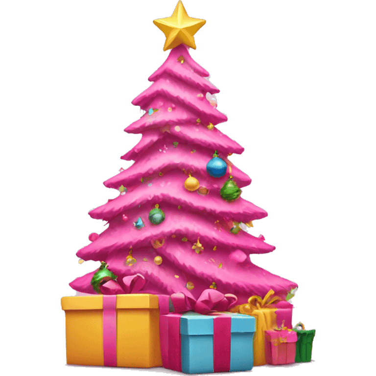 pink christmas tree with presents under emoji