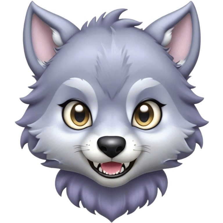 Cinematic Cute Werewolf Portrait Emoji, with a cuddly, miniature lupine form in soft moonlit grays and silvers, featuring oversized sparkling eyes and a sweet, endearing snarl, simplified yet irresistibly adorable, highly detailed with a gentle glowing outline that captures the playful, heartwarming essence of a little werewolf! emoji