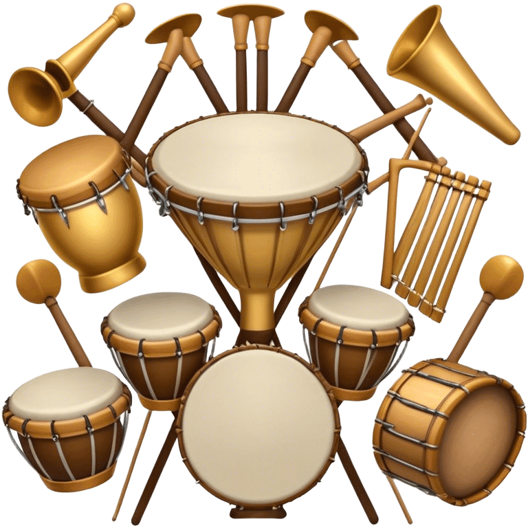 Create a heraldic, festive, and professional emblem-like emoji representing percussion instruments. The design should resemble a traditional crest, featuring a variety of percussion instruments such as cymbals, triangle, tambourine, maracas, timpani, bongo drums, and other traditional folk percussion instruments. Arrange them symmetrically, with cymbals crossing each other, the triangle at the center, and timpani or bongo drums flanking the sides. Include tambourines and maracas prominently, adding rhythm and texture. A flowing ribbon of musical notes should elegantly weave through the instruments, enhancing the sense of movement and celebration. Add intricate decorative patterns on the instruments, along with ornamental swirls, laurels, or flourishes to elevate the festive and heraldic feel. The overall composition should be balanced, harmonious, and visually striking, with an elegant and professional look. The background should be transparent. emoji