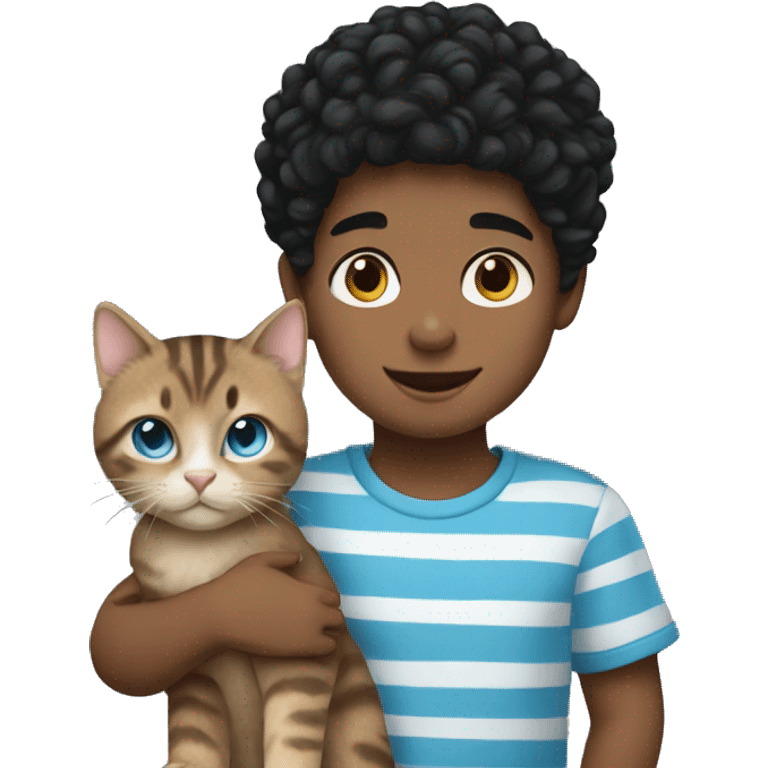 boy with curly black hair with blue eyes holding a tabby cat emoji