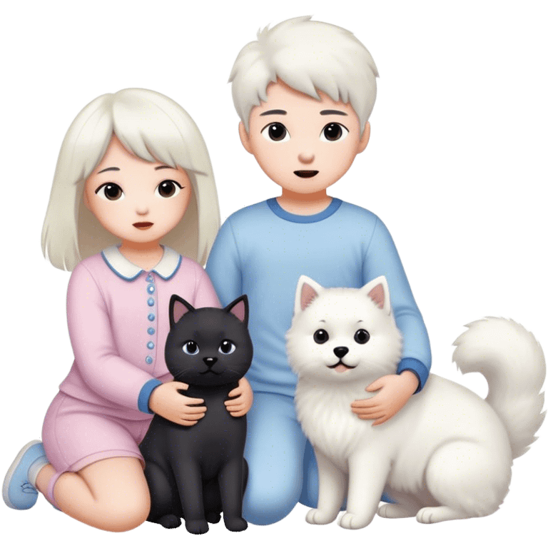 children in pastel clothes play with a Samoyed and a black British cat emoji