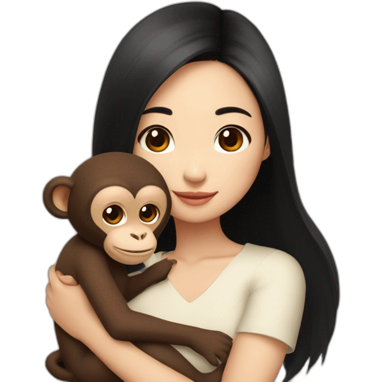 Asian girl with brown eyes and black hair and cute top cuddling a brown lovely monkey emoji