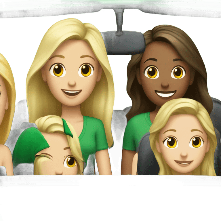 Two Caucasian blonde girls and two Caucasian brunette girls driving a green volkswagen convertible emoji