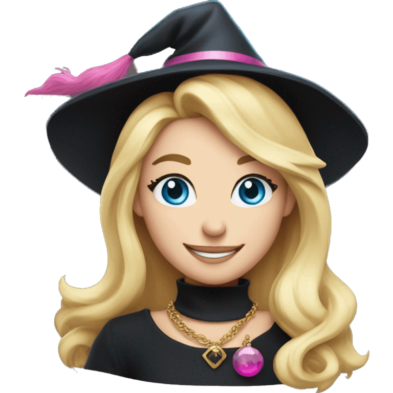 Blonde blue eyed witch smiling, wearing a gold necklace with pink pendant and a black and pink witch hat emoji