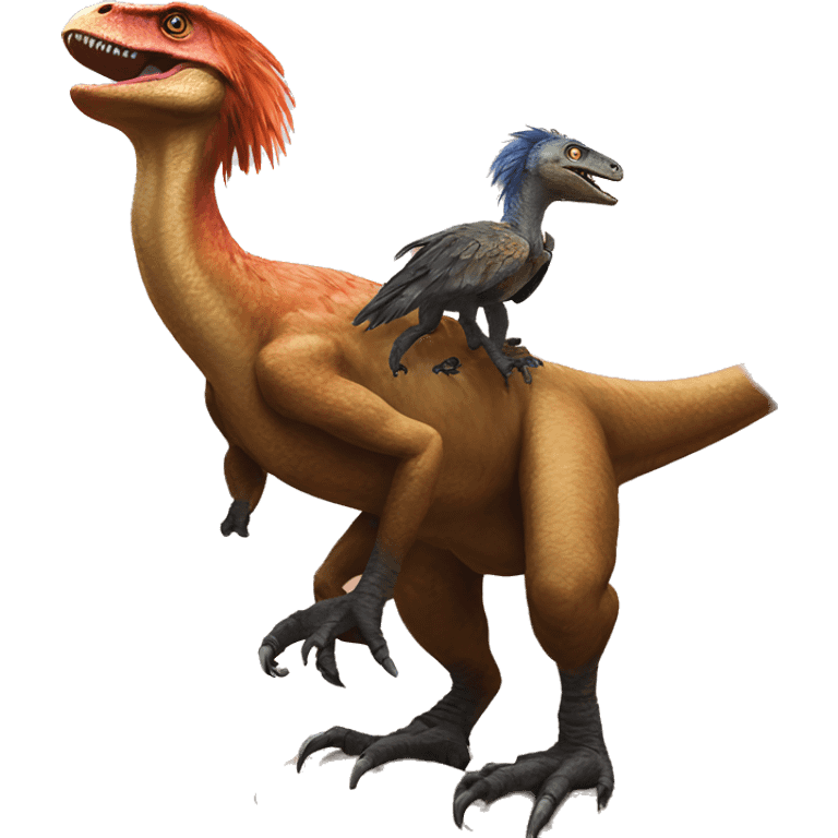 A feathered utahraptor riding another feathered Utahraptor emoji