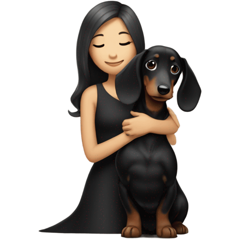 an Asian girl with long hair, wear black dress, hugging a black and tan long haired dachshund emoji