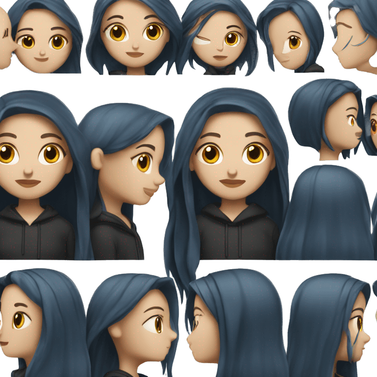 white girl with long straight dark blue hair wearing black hoodie emoji