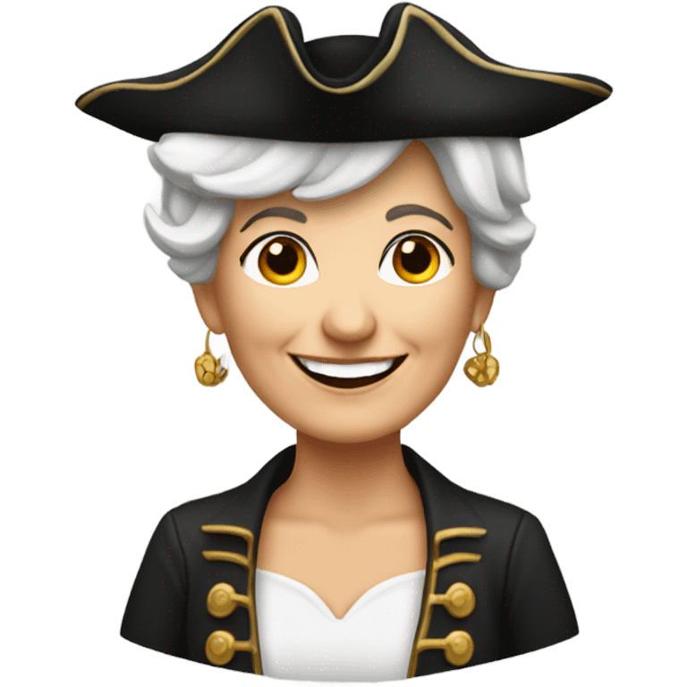 smiling older white woman with earrings and shortwearing pirate hat emoji