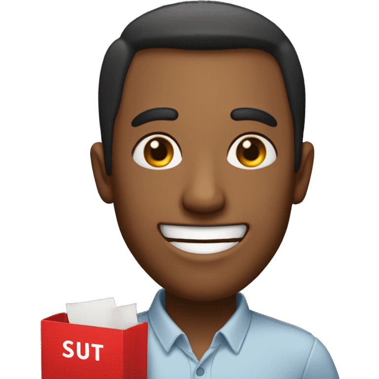 man smiling with box that says in red text packet of bullshit emoji