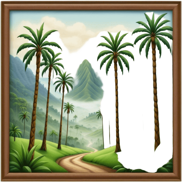 Cinematic Realistic Cocora Valley Landscape Emoji, depicted with towering wax palm trees in a lush, misty valley rendered with rich textures and dynamic, natural lighting. emoji