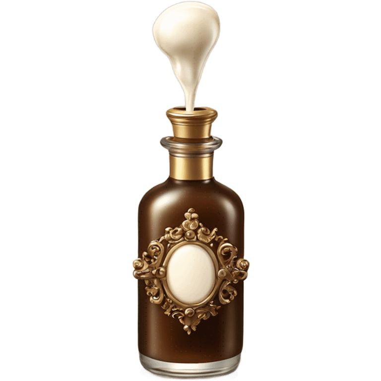 Antique parfumerie bottle with oil, made of bronze and brown crystals, white cream and coffee milk pour from the bottle emoji