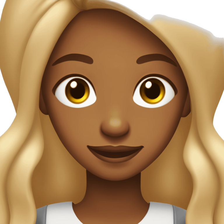 Brown girl with soft blonde locks, eyes a little pulled, happy light brown. With an iPhone 13 pro max cell phone and idea symbols emoji