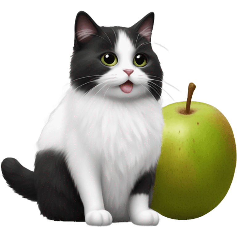 black and white, fluffy cat with kiwi fruit emoji