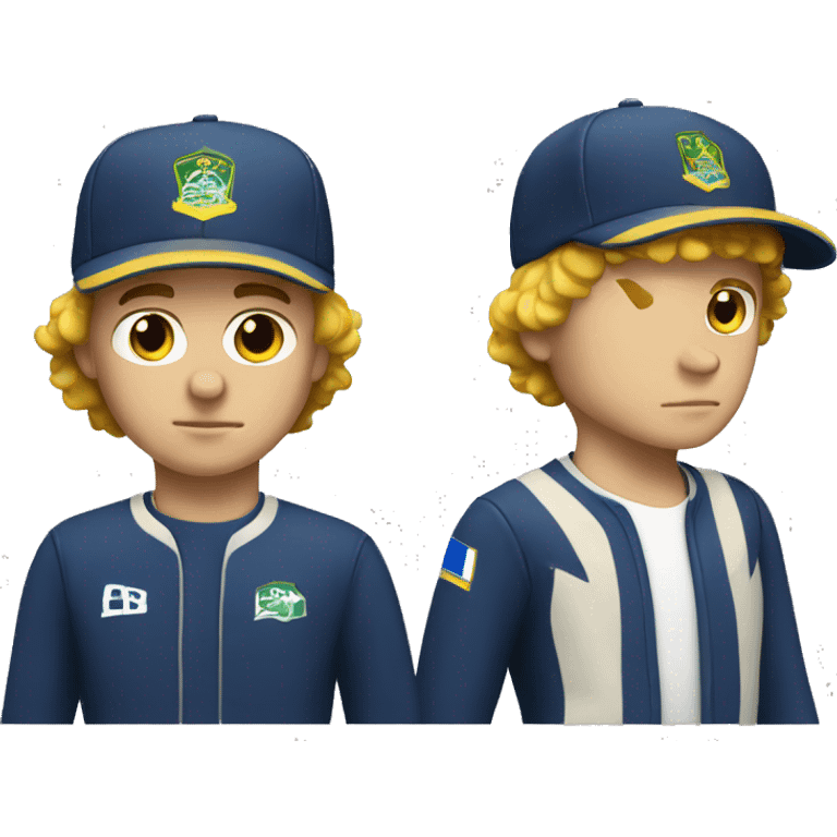 young white guy with small wavy hair brazilian race suit and hat serious emoji