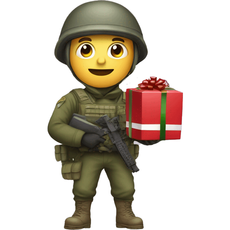 soldier in helmet with a Christmas present in his hands emoji