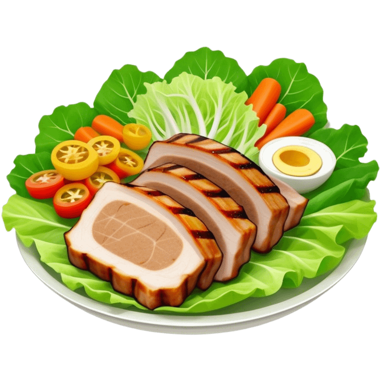 Samgyeopsal Cinematic Realistic Samgyeopsal Dish Emoji, depicted as slices of grilled pork belly served in crisp lettuce leaves with assorted fresh vegetables, rendered with dynamic textures and appetizing, natural lighting. emoji