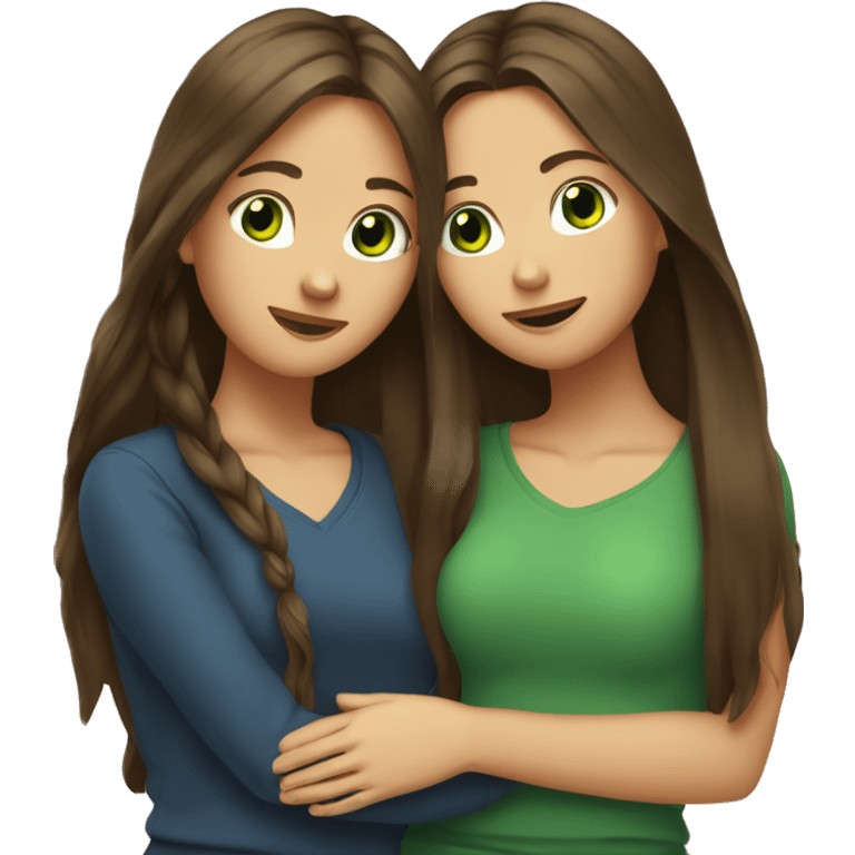 Two brunette best friends hugging one with long hair one with long hair girs and  green eyes emoji