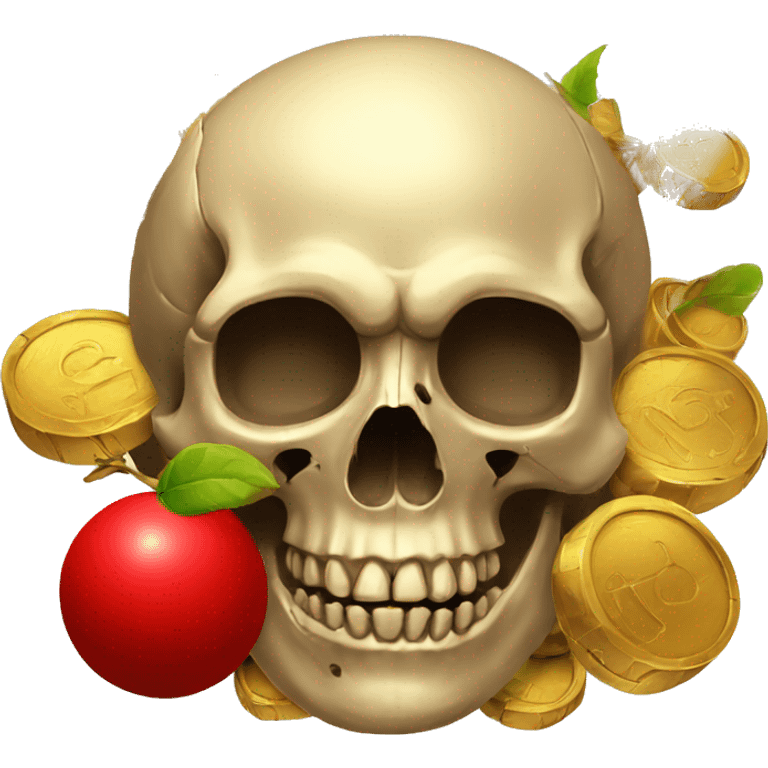 three skulls, red ball, gold coins, old board emoji