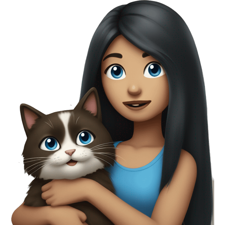 girl with long black hair holding a furry and cute blue eyed brown cat emoji