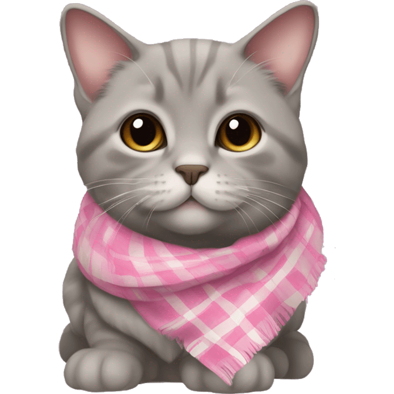 Gray Scottish lop-eared cat in a pink plaid scarf emoji