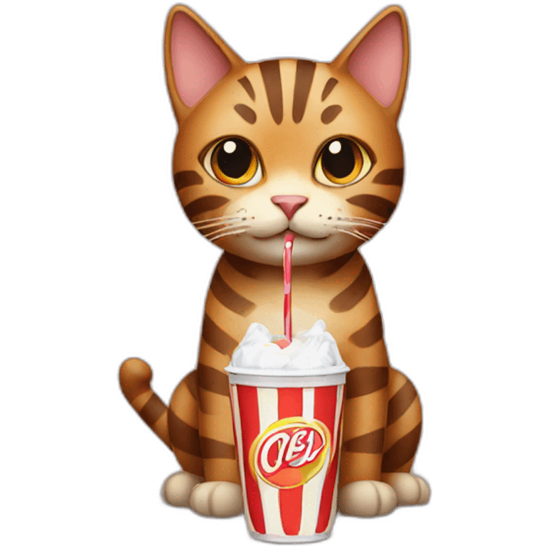 A striped brown cat  drinking a soda emoji