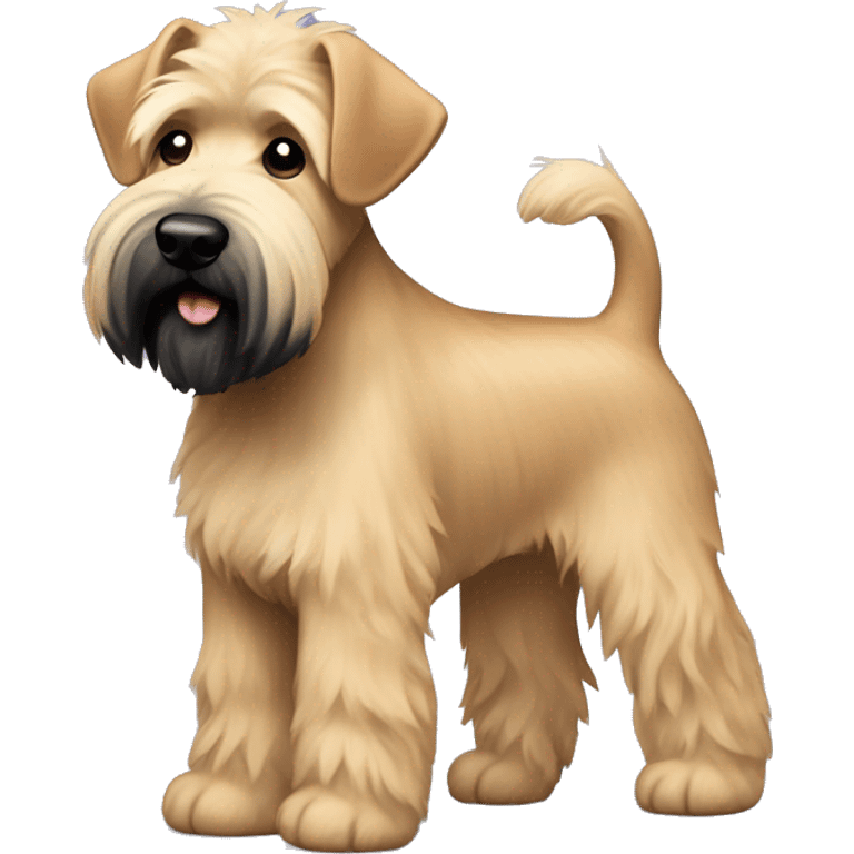 Wheaten terrier with a fluffy puppy haircut and black ears and chin emoji