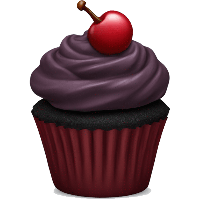 Dark red cherry cupcake with frosting on top with black cupcake case  emoji