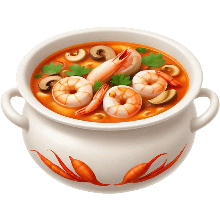 Cinematic Realistic Tom Yam Kung Soup Dish Emoji, showcasing a spicy, sour shrimp soup with herbs and mushrooms rendered with lifelike textures and bold, dynamic lighting. emoji