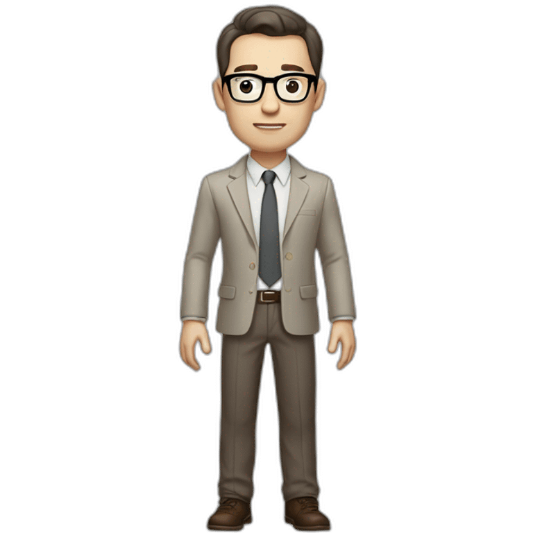 Full height Gesticulating Pale skinned fit man with dark brown hair in gray jacket, beige office shirt, brown tie, brown pants and vintage glasses. emoji