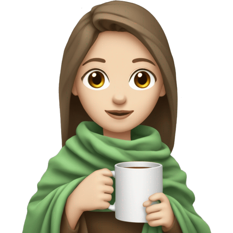 girl holding mug while wrapped in blanket green eyes brown hair pale skin emoji