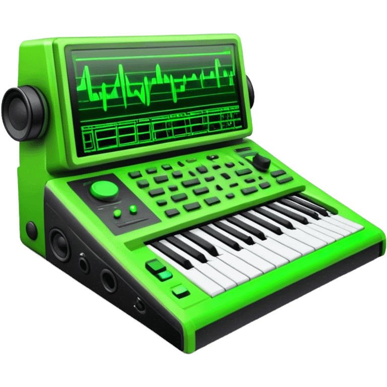 Create a creative and technical emoji that represents sound design. The design should feature a sound mixing console, audio waveforms, and sound effects icons (like a reverb or delay knob) to symbolize the manipulation and crafting of sound. Add elements like a synthesizer or audio interface to reflect the electronic aspect of sound creation. Use colors like neon green, blue, or purple to represent the innovative and experimental nature of sound design. The background should be transparent. emoji