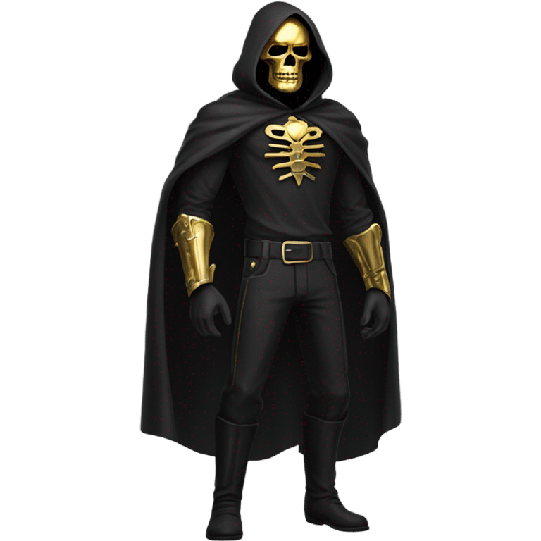 Bounty Hunter Boss with black cape and a gold skull mask from death Stranding, full body view emoji