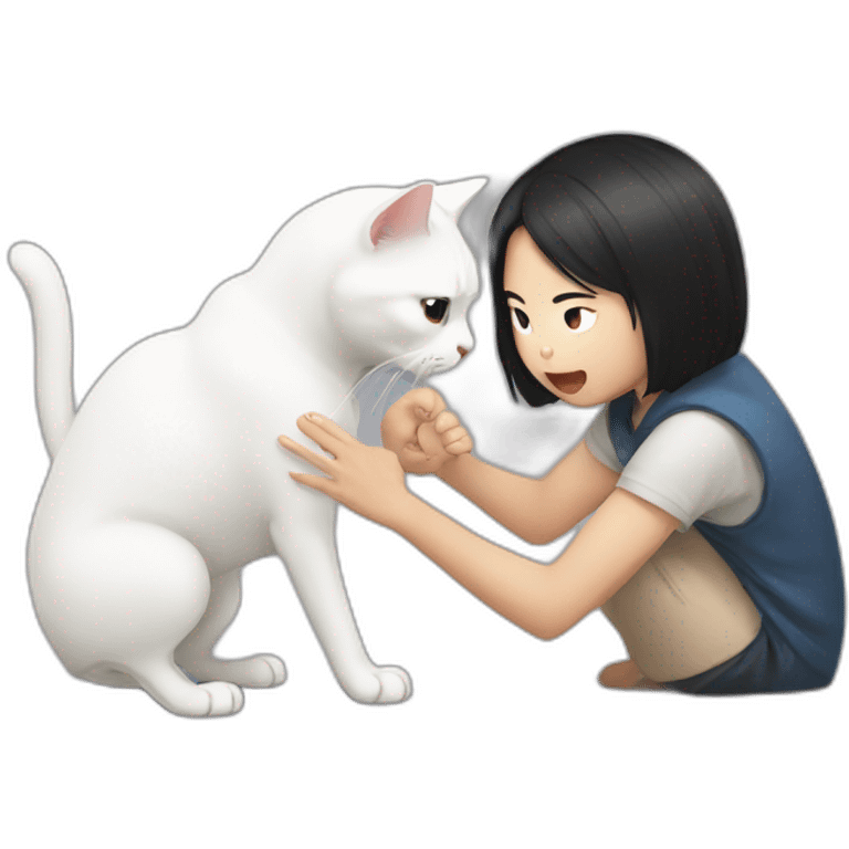 asian girl and boy fighting over a white cat emoji