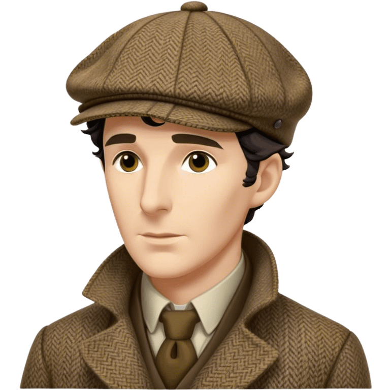 sherlock holmes, wearing a deerstalker hat with the fabric is often tweed, which features a subtle checkered or herringbone pattern with darker and lighter threads woven together, creating texture and depth.  emoji