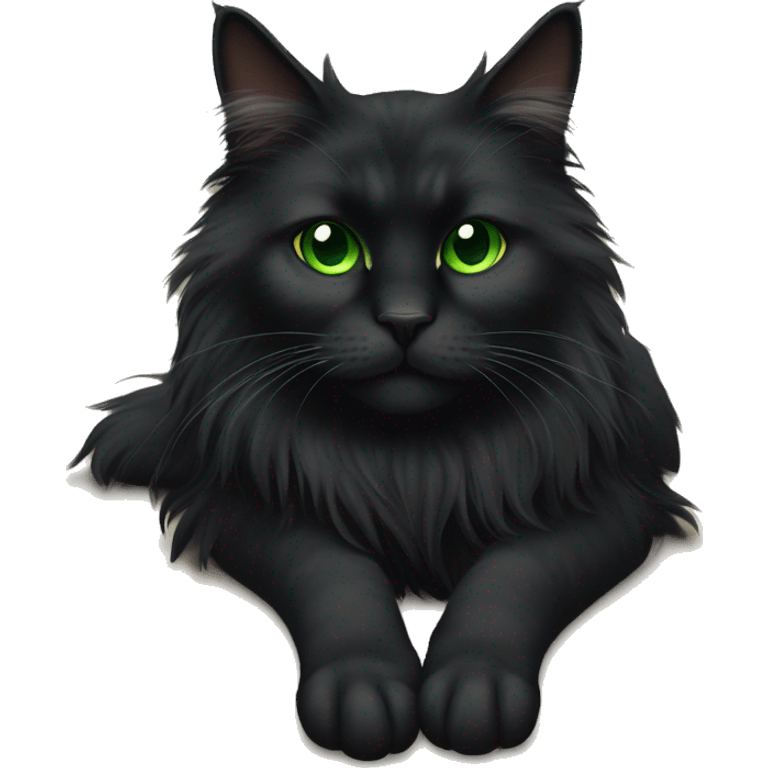 Black extra furry long haired cat fully body laying down with green eyes emoji