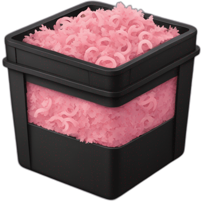 Black cubic plastic container with wood shavings and pink worms inside emoji