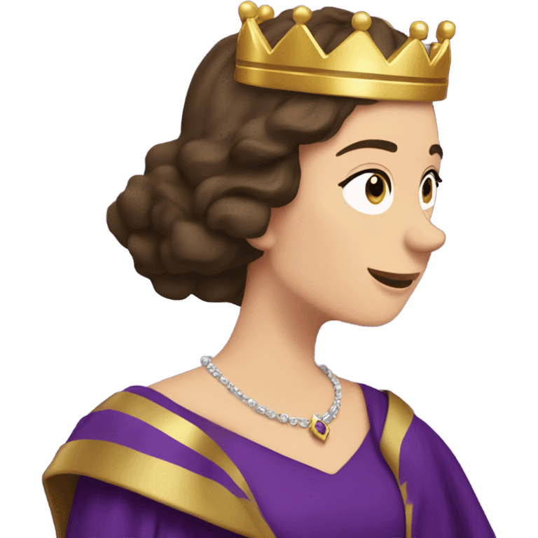 Caucasian long  brunette woman wearing formal royal purple robes and a crown who is pouring her heart out to the man she adores  emoji