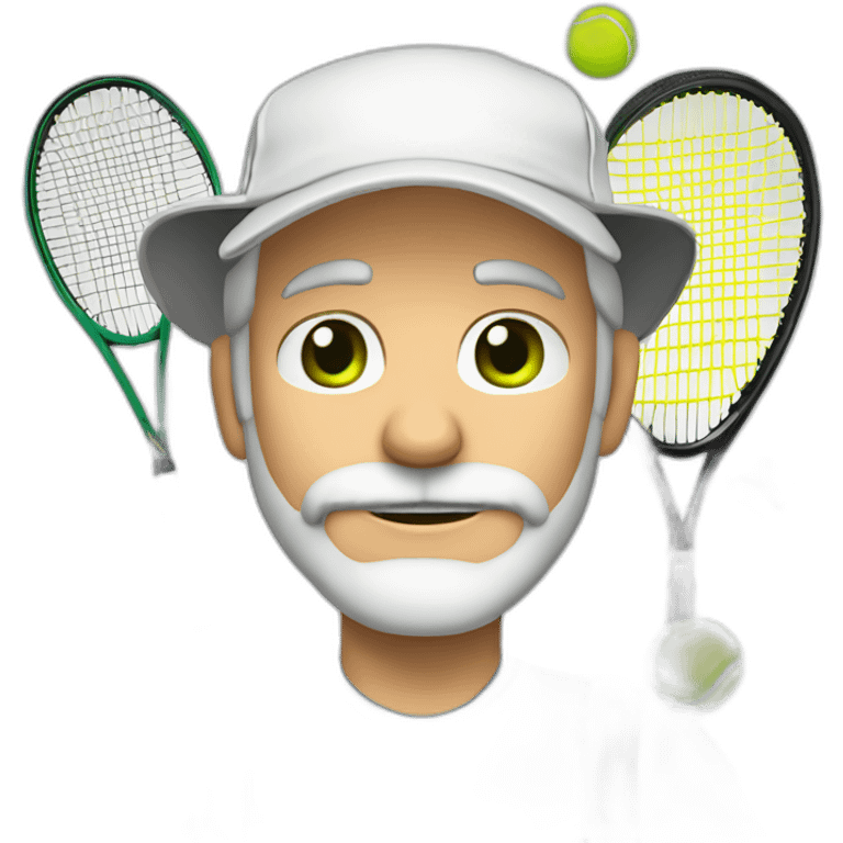 Tennisplayer green-eyed white-male in his 50s,gray-hear, gray-beard, white cap and white-shirt with tennis-raquet and tennis-ball emoji