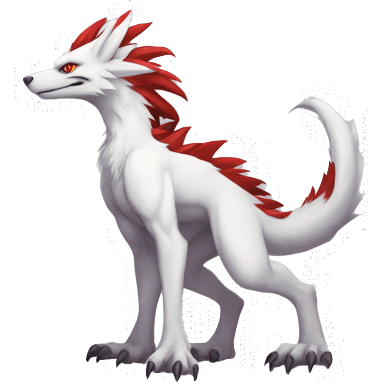 White edgy cute epic anthro albino sergal-vernid-Fakémon with red mane and red eyes, full body emoji