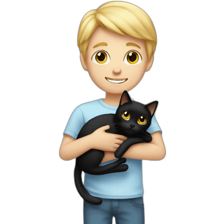 Boy with blonde hair holding a black cat emoji