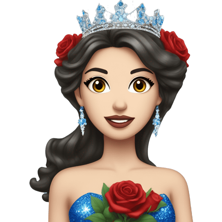 White girl Beauty queen with dark hair, wearing a “Miss Massachusetts” sash and wearing a crown and blue sparkly dress holding red roses emoji